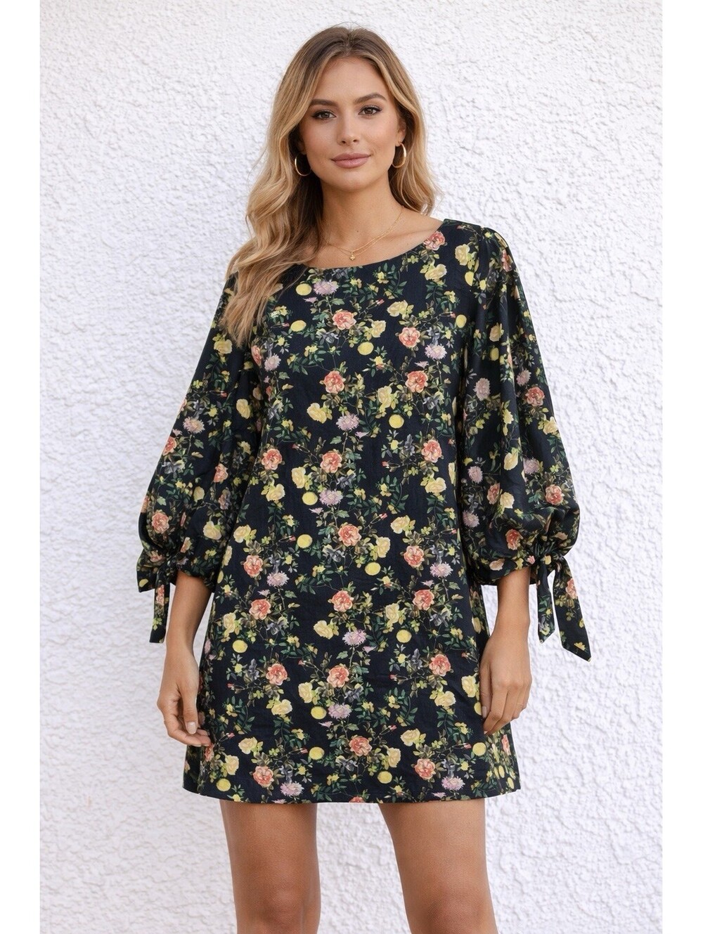 Banana Republic Black Floral Tie 3/4 Sleeve Dress Size S